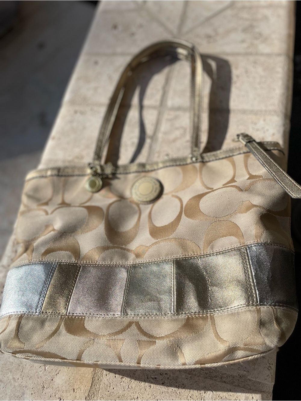 Coach Beige Tote with Metallic Stripe Accents and wallet